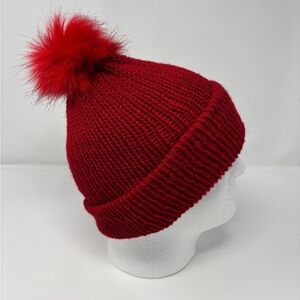Cherry Red Knit Beanie with Removable Pom Pom